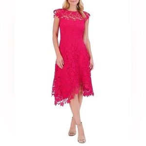 Eliza J Asymmetric Lace Midi Dress